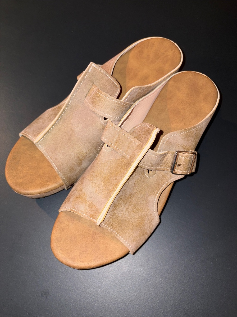 Women's Tan Suede Slide Clogs with Adjustable Buckle